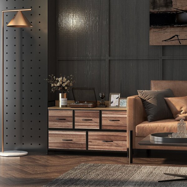 HOMCOM Komoda se 5 textilními zásuvkami 98 x 29 x 63 cm, černý ocelový rám | Aosom