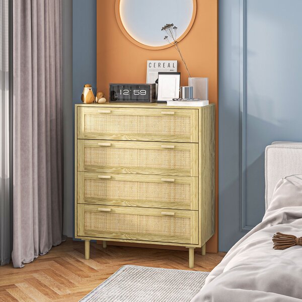 HOMCOM Komoda s 4 zásuvkami v boho stylu s ratanovým předním panelem, světle dřevěná, 90Š x 45H x 108,5V cm | Aosom