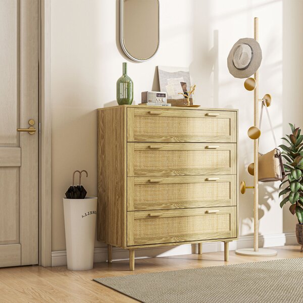 HOMCOM Komoda s 4 zásuvkami v boho stylu s ratanovým předním panelem, světle dřevěná, 90Š x 45H x 108,5V cm | Aosom