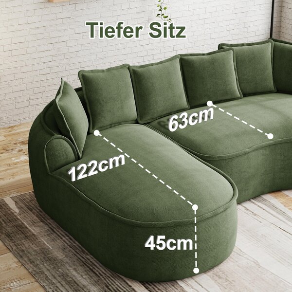 Rohová modulární pohovka, materiál: chenille, model: Cloud Sofa, s odpočívadlem, extra velká, včetně polštářů (zelená barva)