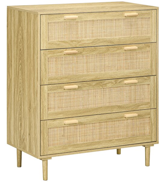 HOMCOM Komoda s 4 zásuvkami v boho stylu s ratanovým předním panelem, světle dřevěná, 90Š x 45H x 108,5V cm | Aosom