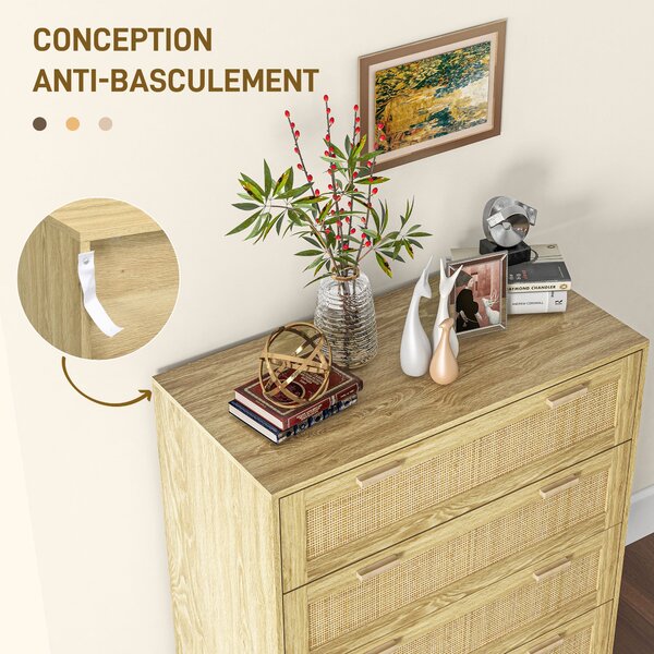 HOMCOM Komoda s 4 zásuvkami v boho stylu s ratanovým předním panelem, světle dřevěná, 90Š x 45H x 108,5V cm | Aosom