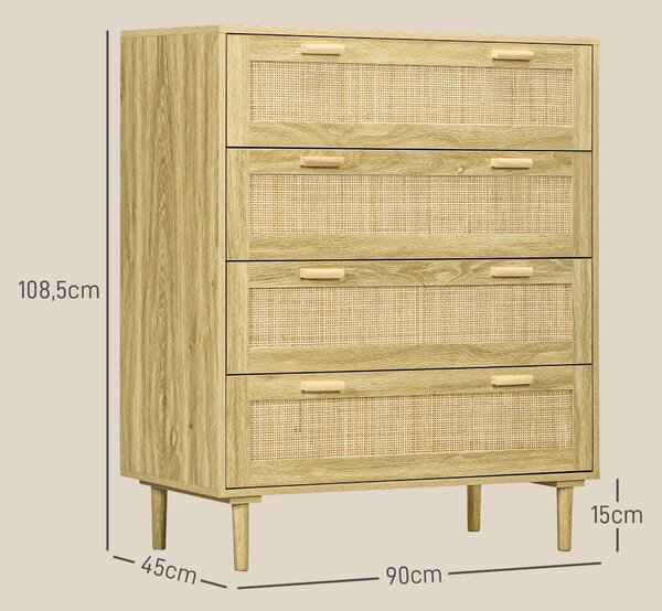 HOMCOM Komoda s 4 zásuvkami v boho stylu s ratanovým předním panelem, světle dřevěná, 90Š x 45H x 108,5V cm | Aosom