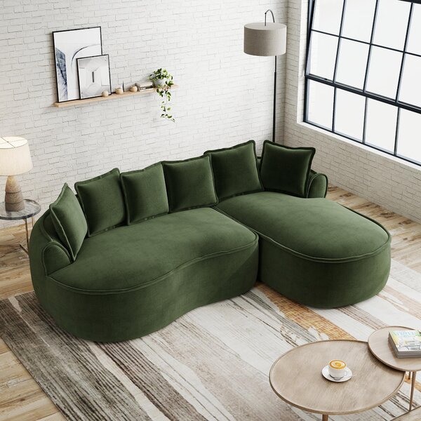 Rohová modulární pohovka, materiál: chenille, model: Cloud Sofa, s odpočívadlem, extra velká, včetně polštářů (zelená barva)