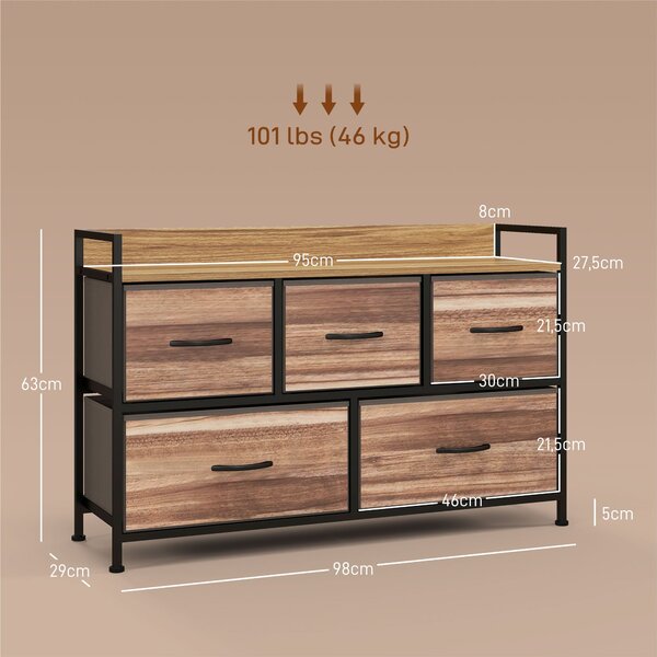 HOMCOM Komoda se 5 textilními zásuvkami 98 x 29 x 63 cm, černý ocelový rám | Aosom