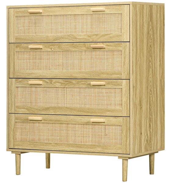HOMCOM Komoda s 4 zásuvkami v boho stylu s ratanovým předním panelem, světle dřevěná, 90Š x 45H x 108,5V cm | Aosom