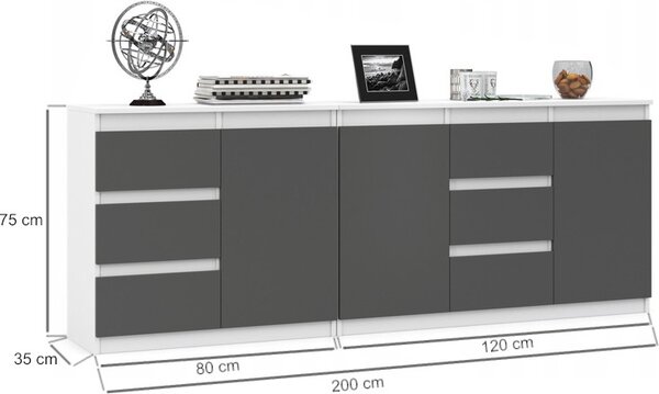VBChome Dvě komody 80 x 35 x 75 cm a 120 x 35 x 75 cm se 6 zásuvkami a 3 dvířky Bílá - grafit Komoda bez úchytek Víceúčelová skříňka