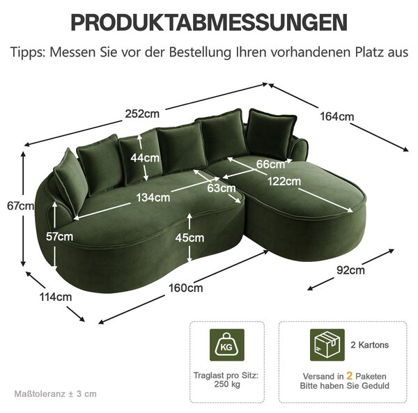 Rohová modulární pohovka, materiál: chenille, model: Cloud Sofa, s odpočívadlem, extra velká, včetně polštářů (zelená barva)
