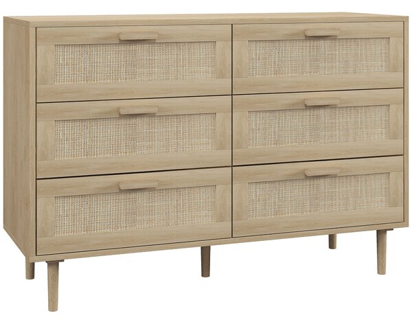 HOMCOM Skříňka s 6 zásuvkami a ratanovým předním panelem, rozměry 110 Š x 40 H x 75 V cm, vzhled světlého dřeva | Aosom
