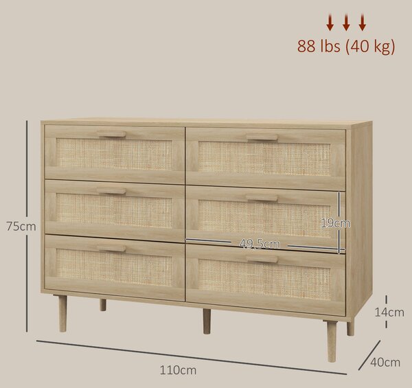 HOMCOM Skříňka s 6 zásuvkami a ratanovým předním panelem, rozměry 110 Š x 40 H x 75 V cm, vzhled světlého dřeva | Aosom
