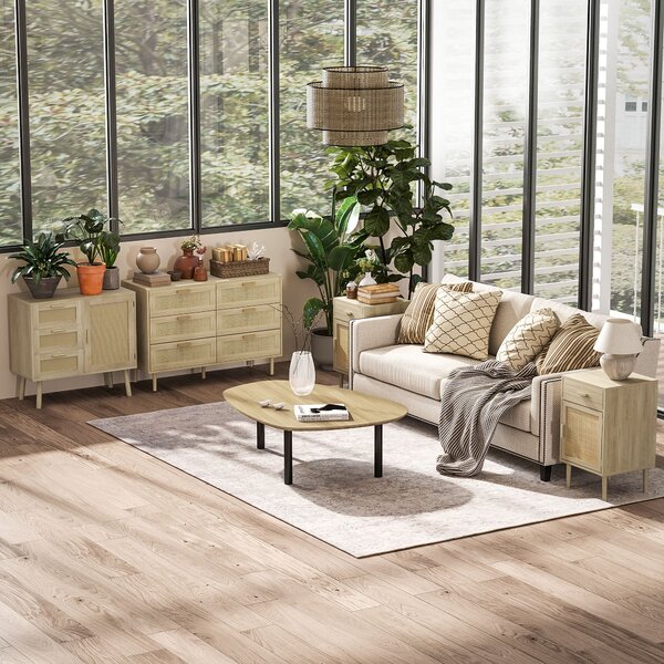 HOMCOM Skříňka s 6 zásuvkami a ratanovým předním panelem, rozměry 110 Š x 40 H x 75 V cm, vzhled světlého dřeva | Aosom