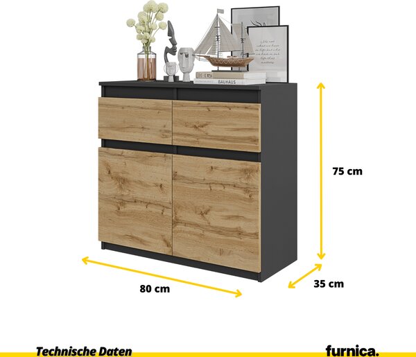 FURNICA - NOAH - Komoda / příborník se 2 zásuvkami a 2 dvířky - antracitově šedá / dub Wotan V75cm Š80cm H35cm