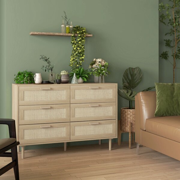 HOMCOM Skříňka s 6 zásuvkami a ratanovým předním panelem, rozměry 110 Š x 40 H x 75 V cm, vzhled světlého dřeva | Aosom
