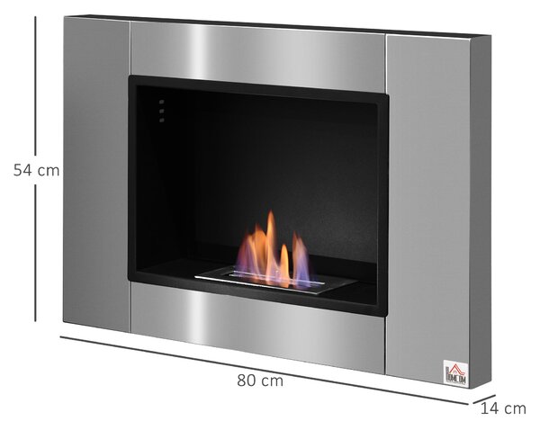 HOMCOM Nástěnný vestavěný biolíh krb s hořákem 0,9 L, 3hodinový čas hoření, rozměry 80L x 14W x 54H cm, pokrytí 25-30 m², nerezová ocel | Aosom