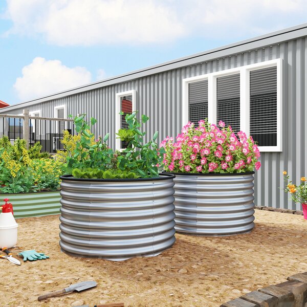 Outsunny Sada 2 vyvýšených květináčů, Elevated Round Planter Kit s otevřeným dnem, gumovými spoilery a pozinkovanou ocelí | Aosom
