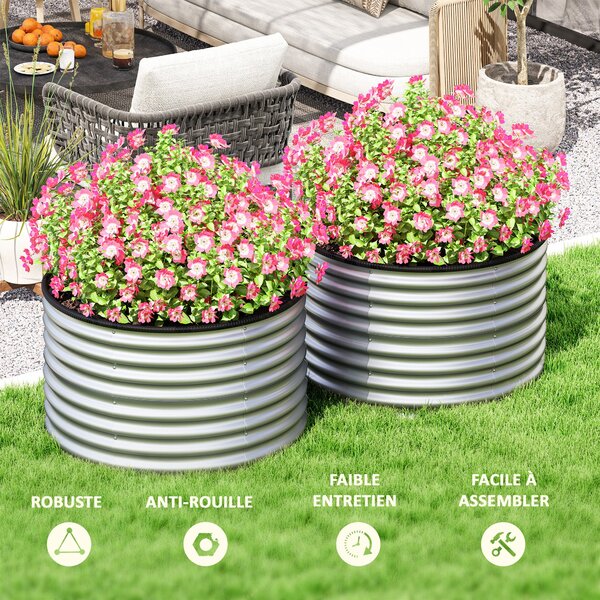 Outsunny Sada 2 vyvýšených květináčů, Elevated Round Planter Kit s otevřeným dnem, gumovými spoilery a pozinkovanou ocelí | Aosom