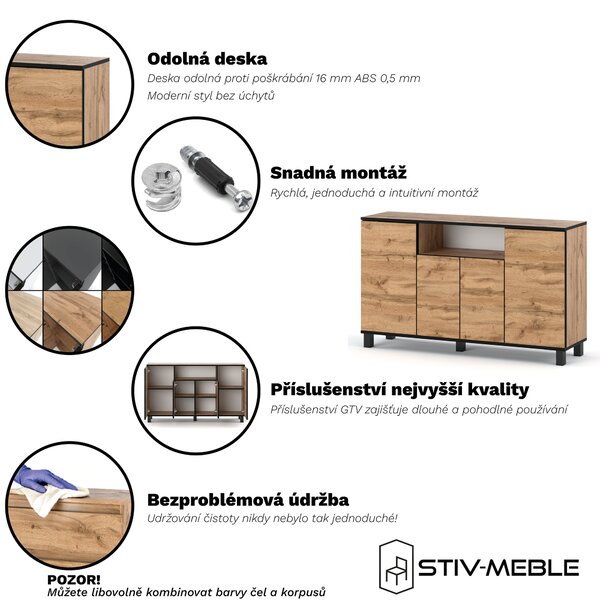 STIV Möbel | Komoda 140x35x80 cm Dub Wotan | 4 dvířka | Ložnice Obývák Předsíň | Nadčasový design