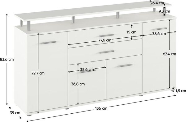 Kondela Čtyřdveřová komoda se zásuvkami Hanola - bílá