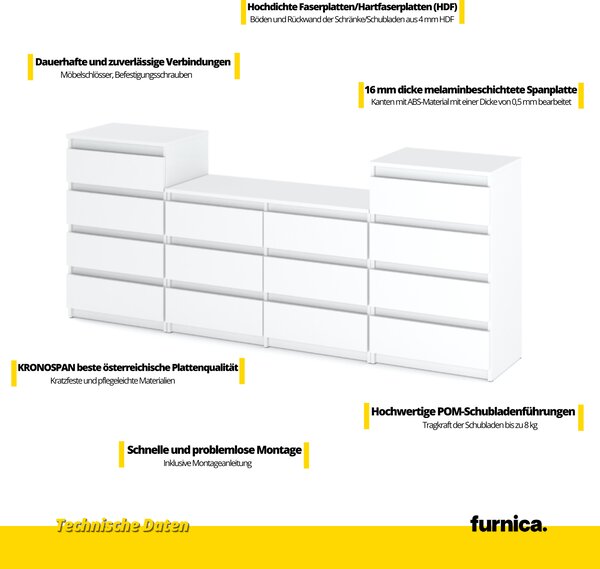 FURNICA - GABRIEL - Komoda se 14 zásuvkami (4+6+4) - bílá matná V92/70cm Š220cm H33cm