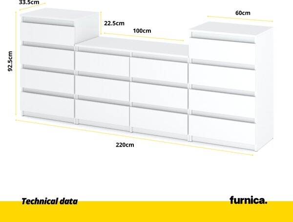 FURNICA - GABRIEL - Komoda se 14 zásuvkami (4+6+4) - bílá matná V92/70cm Š220cm H33cm