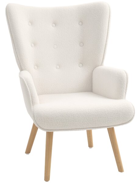 HOMCOM Boucle Fabric Lounge Chair, Moderní Čalouněné Křeslo s Dřevěnými Nohami, Ergonomický Křídlatý Design s Knoflíkovým Prošíváním | Aosom