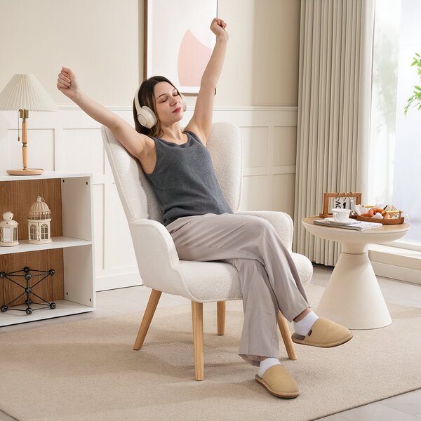 HOMCOM Boucle Fabric Lounge Chair, Moderní Čalouněné Křeslo s Dřevěnými Nohami, Ergonomický Křídlatý Design s Knoflíkovým Prošíváním | Aosom