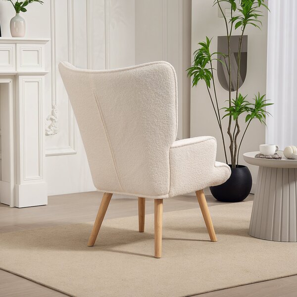 HOMCOM Boucle Fabric Lounge Chair, Moderní Čalouněné Křeslo s Dřevěnými Nohami, Ergonomický Křídlatý Design s Knoflíkovým Prošíváním | Aosom