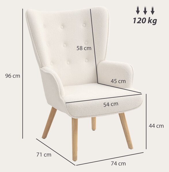 HOMCOM Boucle Fabric Lounge Chair, Moderní Čalouněné Křeslo s Dřevěnými Nohami, Ergonomický Křídlatý Design s Knoflíkovým Prošíváním | Aosom