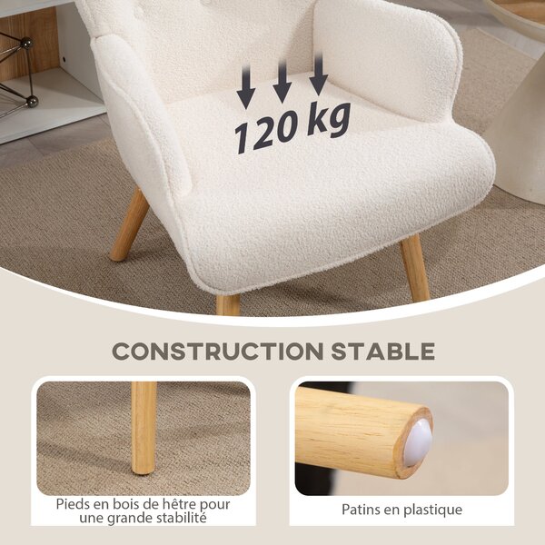HOMCOM Boucle Fabric Lounge Chair, Moderní Čalouněné Křeslo s Dřevěnými Nohami, Ergonomický Křídlatý Design s Knoflíkovým Prošíváním | Aosom