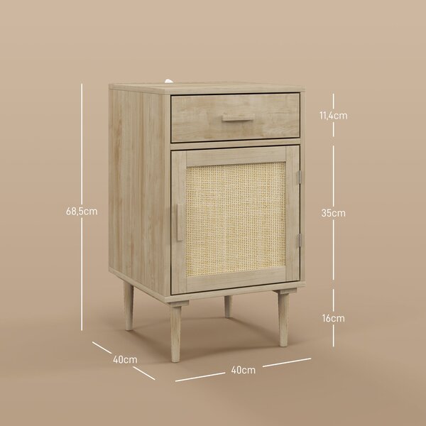 HOMCOM Noční stolek s ratanovými dvířky a policí + 1 zásuvka, bohémský design - 40 x 40 x 68,5 cm, přírodní | Aosom