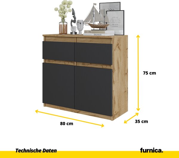 FURNICA - NOAH - Komoda se 2 zásuvkami a 2 dvířky - dub Wotan / antracitově šedá V75cm Š80cm H35cm