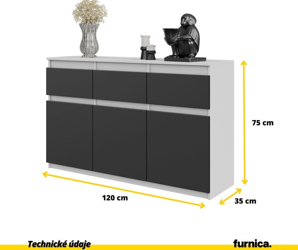 FURNICA - NOAH - Komoda / příborník se 3 zásuvkami a 3 dvířky - bílá matná / antracitově šedá V75cm Š120cm H35cm