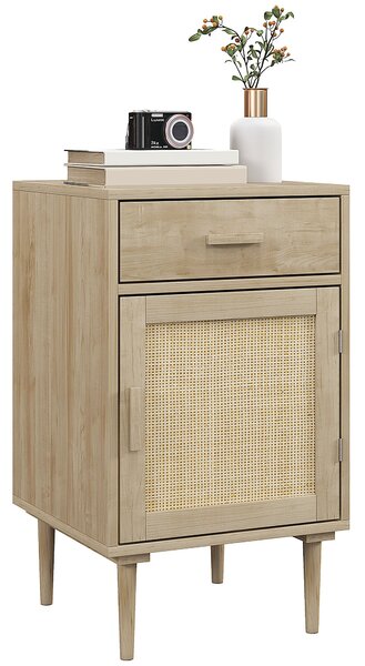 HOMCOM Noční stolek s ratanovými dvířky a policí + 1 zásuvka, bohémský design - 40 x 40 x 68,5 cm, přírodní | Aosom