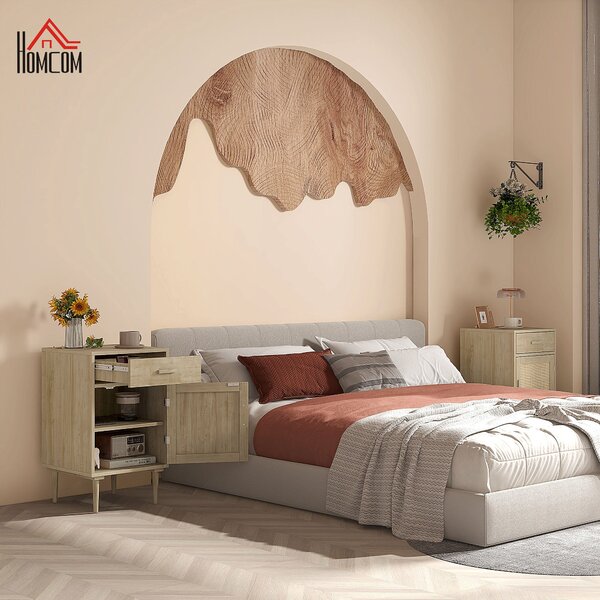 HOMCOM Noční stolek s ratanovými dvířky a policí + 1 zásuvka, bohémský design - 40 x 40 x 68,5 cm, přírodní | Aosom