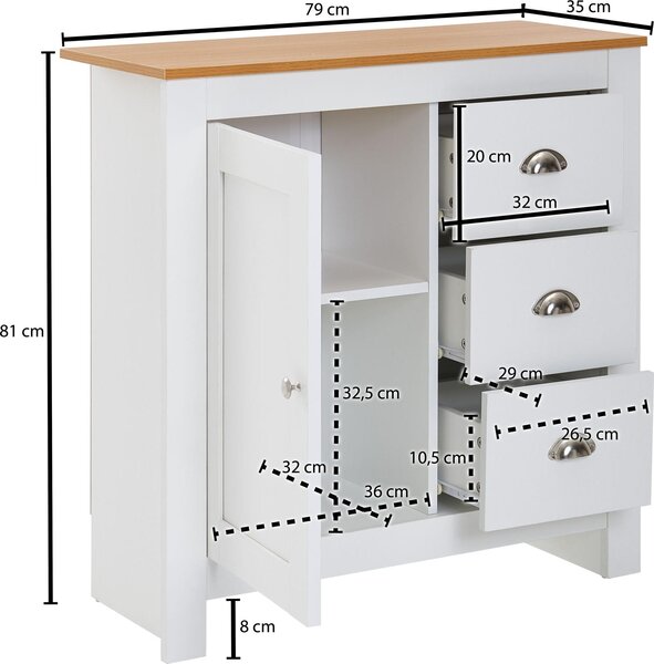 Komoda FineBuy se 3 zásuvkami, 79 x 81 x 35 cm, bílá / dub, moderní design, vysoká komoda s dvířky a zásuvkami, do obývacího pokoje