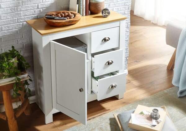 Komoda FineBuy se 3 zásuvkami, 79 x 81 x 35 cm, bílá / dub, moderní design, vysoká komoda s dvířky a zásuvkami, do obývacího pokoje