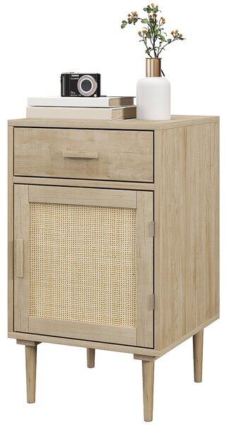 HOMCOM Noční stolek s ratanovými dvířky a policí + 1 zásuvka, bohémský design - 40 x 40 x 68,5 cm, přírodní | Aosom