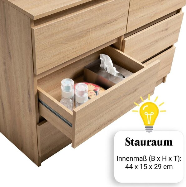 Komoda se 6 zásuvkami, šířka 95 cm, komoda ze dřeva v odstínu Sonoma, skříň, komoda se zásuvkami, příborník, vysoká skříň, příborník do ložnice, obývacího pokoje, předsíně, kanceláře, organizér