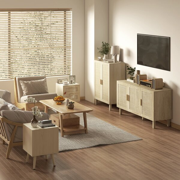 HOMCOM Set 2 Nočních Stolků, Boční Stoly, 2 Zásuvky s Ratanovými Předními Stranami, Boho Styl, Noční Stolky, Nohy z Přírodního Borového Dřeva | Aosom