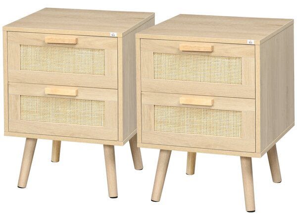 HOMCOM Set 2 Nočních Stolků, Boční Stoly, 2 Zásuvky s Ratanovými Předními Stranami, Boho Styl, Noční Stolky, Nohy z Přírodního Borového Dřeva | Aosom