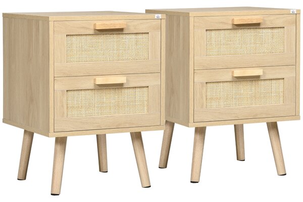 HOMCOM Set 2 Nočních Stolků, Boční Stoly, 2 Zásuvky s Ratanovými Předními Stranami, Boho Styl, Noční Stolky, Nohy z Přírodního Borového Dřeva | Aosom