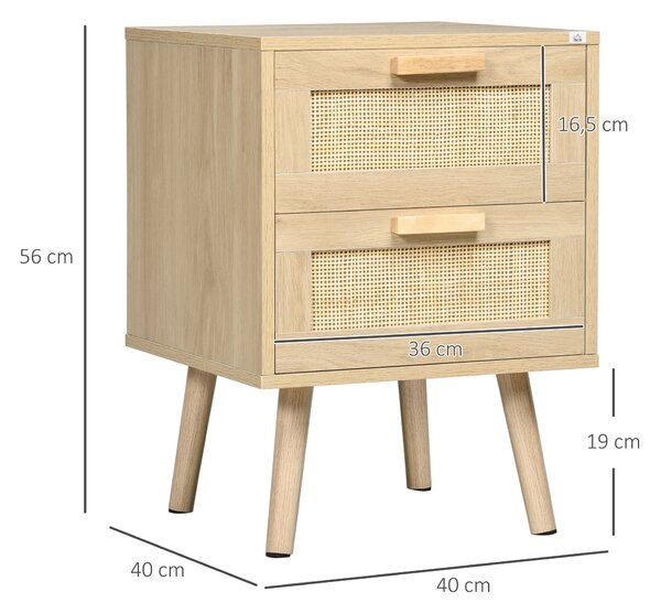 HOMCOM Set 2 Nočních Stolků, Boční Stoly, 2 Zásuvky s Ratanovými Předními Stranami, Boho Styl, Noční Stolky, Nohy z Přírodního Borového Dřeva | Aosom