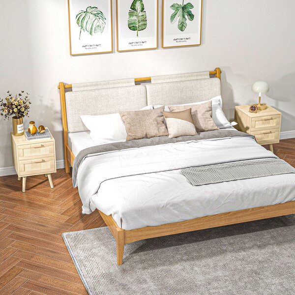 HOMCOM Set 2 Nočních Stolků, Boční Stoly, 2 Zásuvky s Ratanovými Předními Stranami, Boho Styl, Noční Stolky, Nohy z Přírodního Borového Dřeva | Aosom