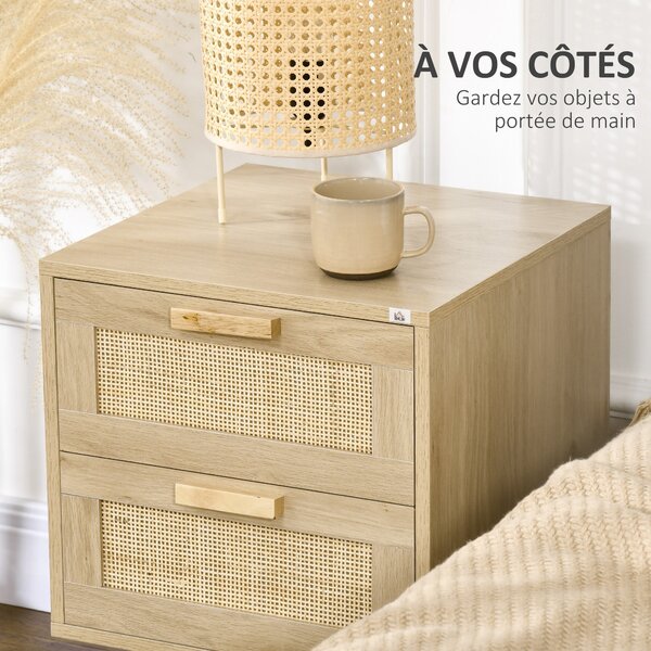 HOMCOM Set 2 Nočních Stolků, Boční Stoly, 2 Zásuvky s Ratanovými Předními Stranami, Boho Styl, Noční Stolky, Nohy z Přírodního Borového Dřeva | Aosom