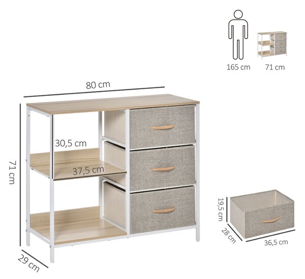 HOMCOM Komoda se 3 odejmoutelnými látkovými zásuvkami, 2 policemi a 1 velkým stolovým prostorem - 80 x 29 x 71 cm - béžová | Aosom