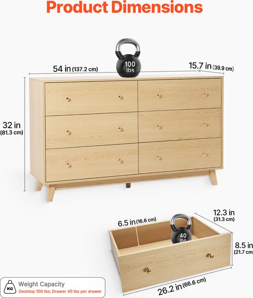 Komoda VEVOR se 6 zásuvkami a ochranou proti překlopení, (39,9 x 137,2 x 81,3 cm) Úložná komoda do obývacího pokoje, ložnice, předsíně (světlé dřevo)