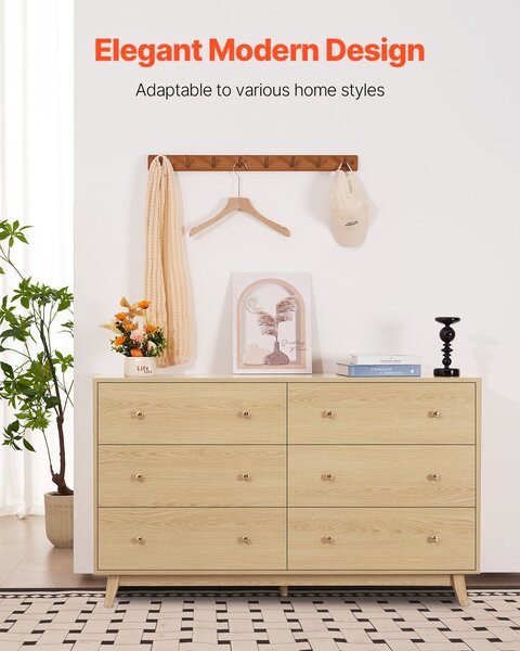 Komoda VEVOR se 6 zásuvkami a ochranou proti překlopení, (39,9 x 137,2 x 81,3 cm) Úložná komoda do obývacího pokoje, ložnice, předsíně (světlé dřevo)