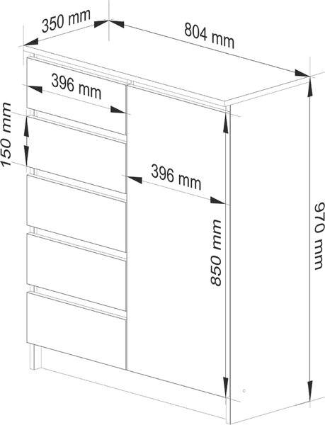 Komoda K80 bílá 80 cm 1 dvířka 5 zásuvek 3 police Š80xV35xH97 cm