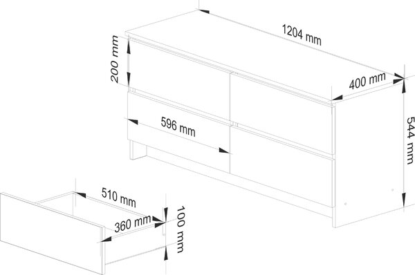 AKORD Furniture Factory OP0LK-120SZ4-ARTBIA, Bílá, Dub, 4 zásuvka/zásuvek, Matný, 16 mm, 51 cm, 400 mm