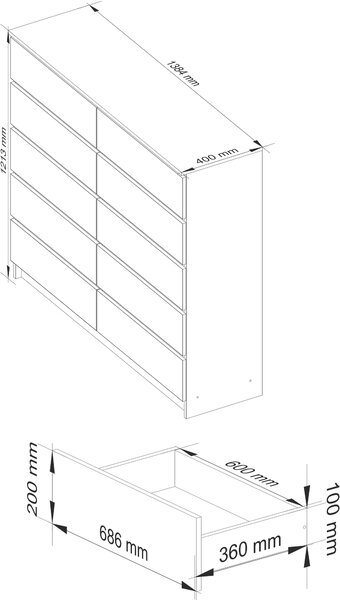 AKORD Furniture Factory KOM-140SZ10-ART, Dub, 10 zásuvka/zásuvek, Matný, 16 mm, 60 cm, 400 mm